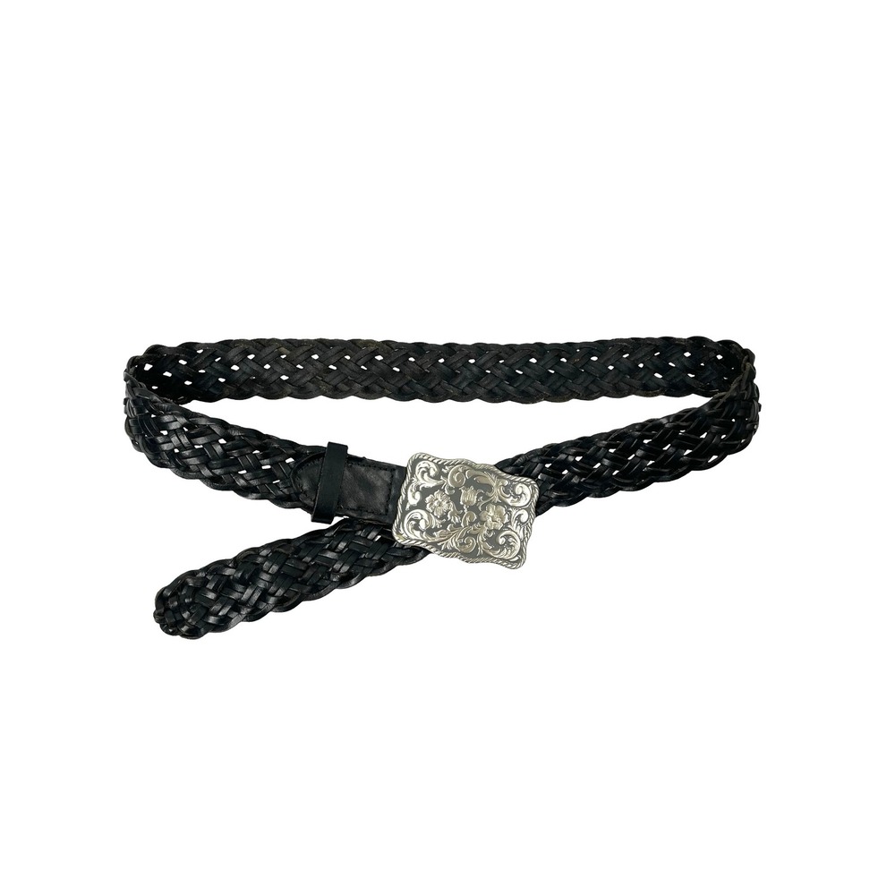 Leather braided black belt‎ floral silver tone buckle Size XL statement western